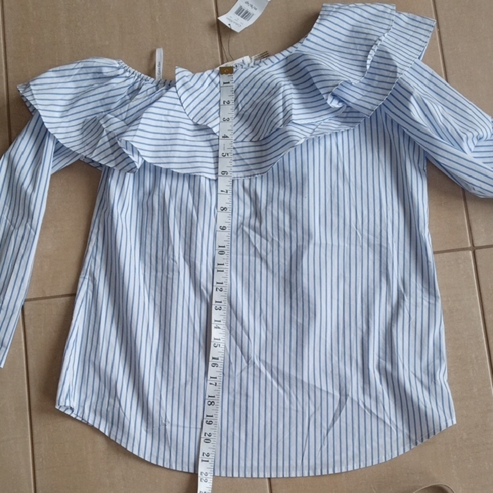 Calvin Klein Striped Off-Shoulder Ruffle Blouse - Picture 14 of 15
